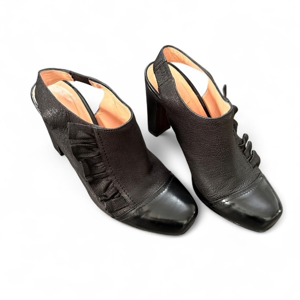 VTG Nanette Lepore Women's 8 Black Slingback Heel Leather Ruffle Pump Coquette
